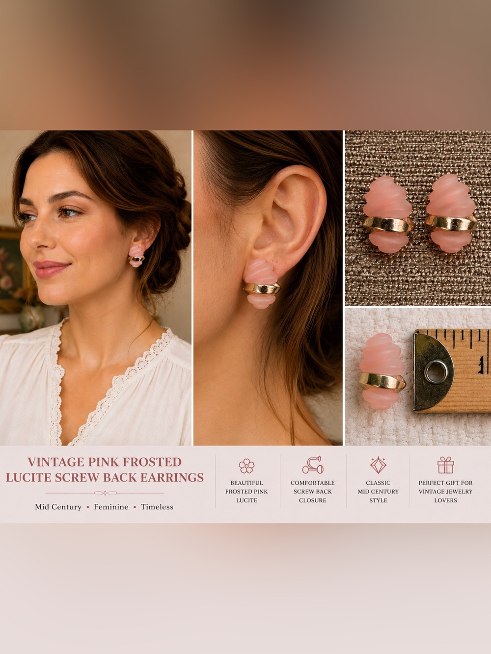 Vintage Pink Frosted Lucite clip on Earrings Gold Tone Mid Century Retro